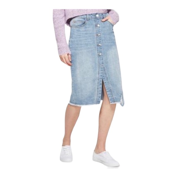 Target Wild Fable Button Front Knee Length Distressed Denim Jean Skirt Women 6 - Picture 1 of 9
